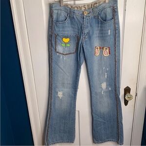 Joystick Hand Embroidered Patchwork Distressed Flare Blue Jeans Rare Sz 30